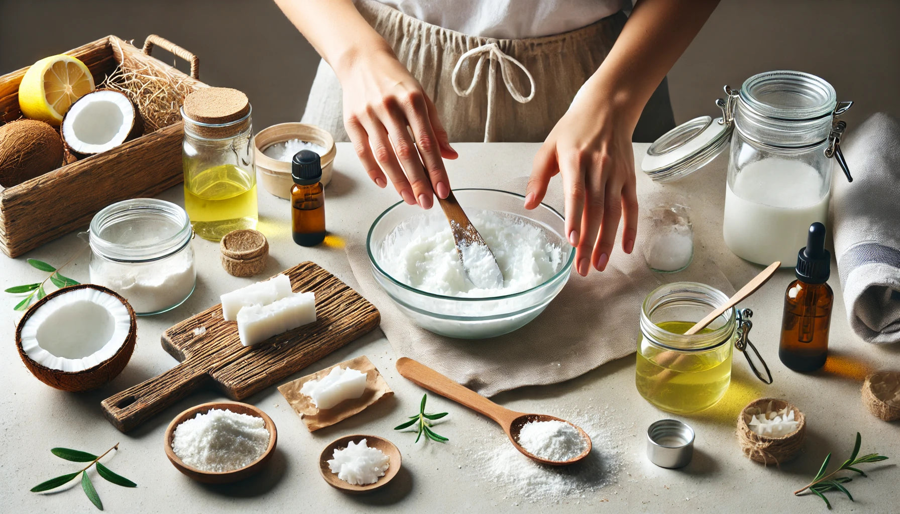 Homemade DIY natural ingredients for homemade deodorant in a glass bowl on a wooden kitchen countertop, with finished jars of natural deodorant in the background