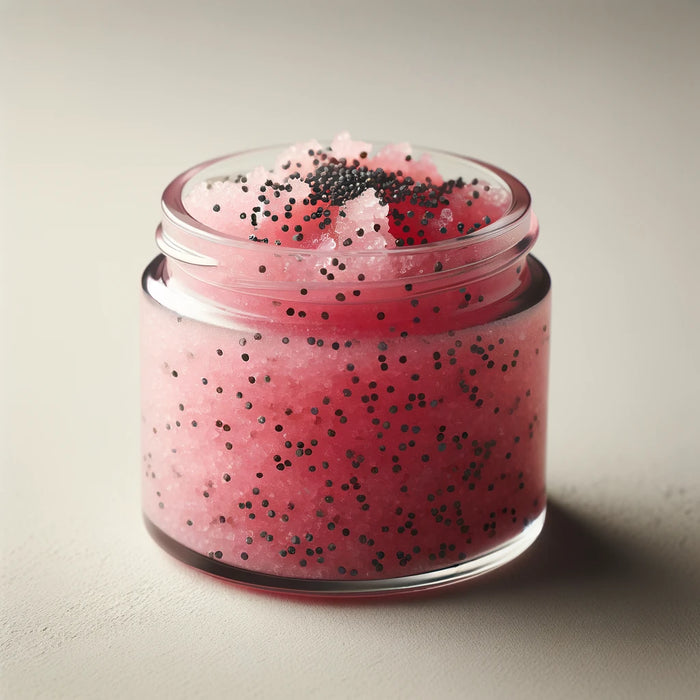 Pink emulsified sugar scrub with poppyseed